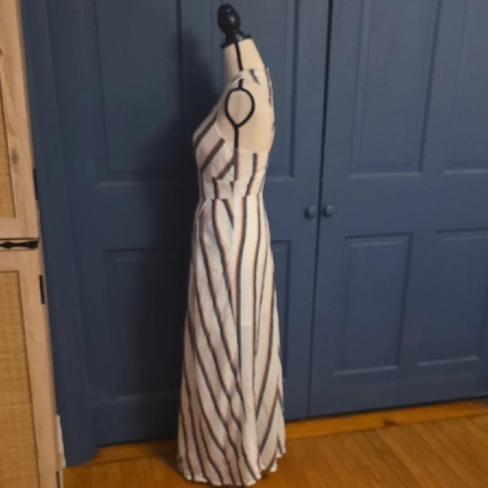 L'ATISTE White Maxi Dress Gray Pink Stripe Deep Plunge Halter Neck Pockets Small - Picture 5 of 8